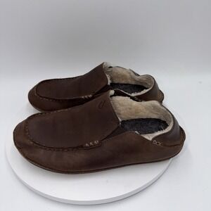 OluKai Men's Moloa US 9 Brown Leather Shearling Convertible Slippers Loafers